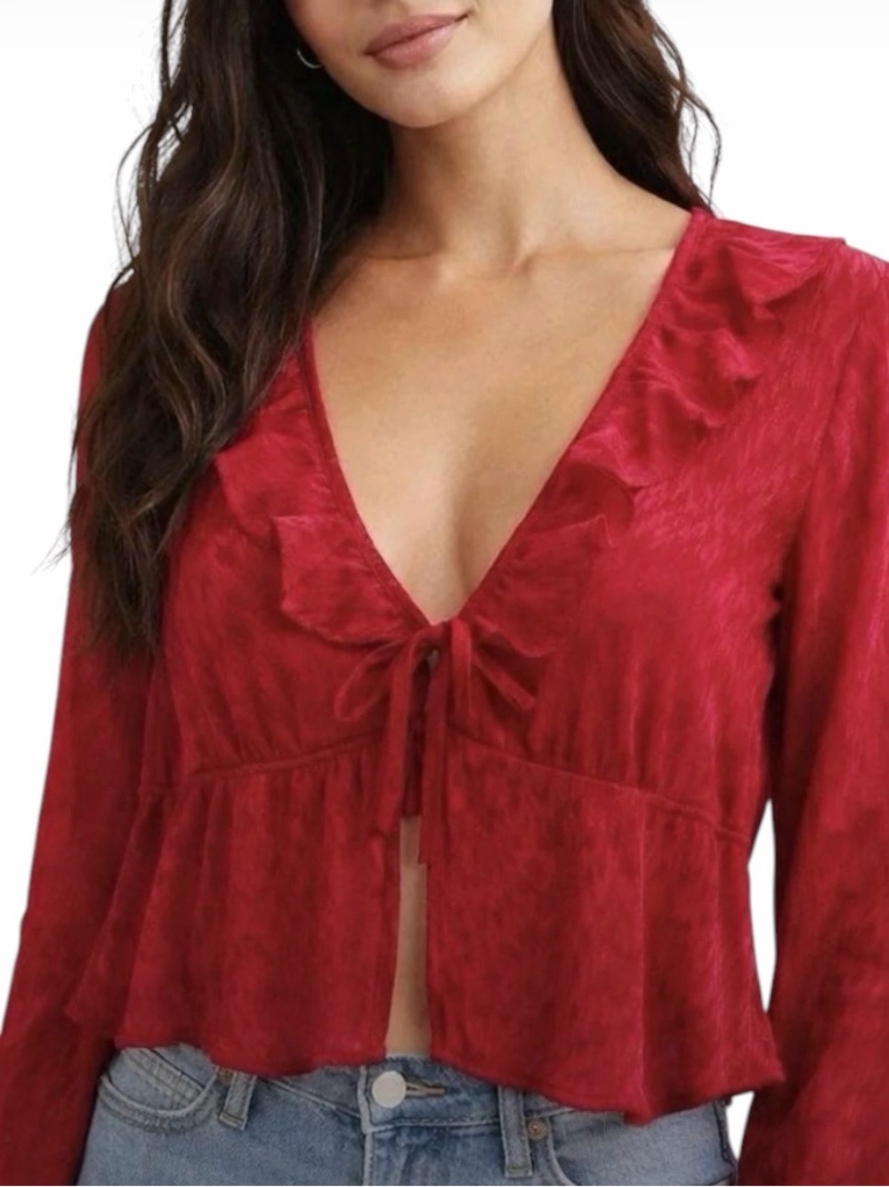 No Boundaries Red Satin Tie-Front Babydoll Fairy-core Blouse NWT Size LARGE
